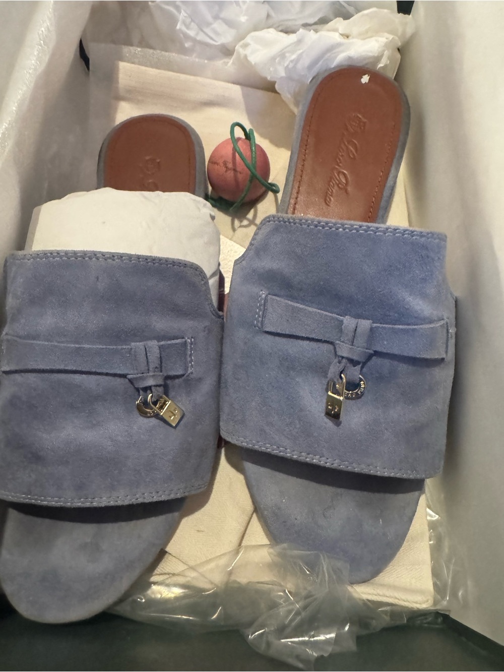 LORO PIANA Suede Slide Sandals with Gold Hardware - Blue